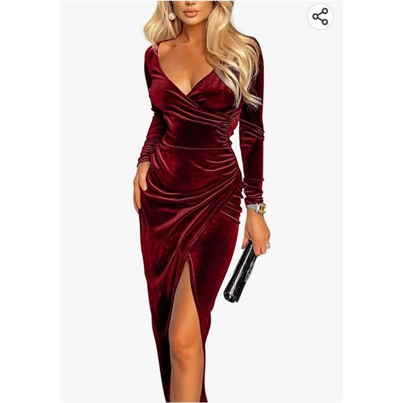 Women's Sexy Long Sleeve Ruched Dress Velvet V Neck Cocktail Party Evening Club - Picture 1 of 3